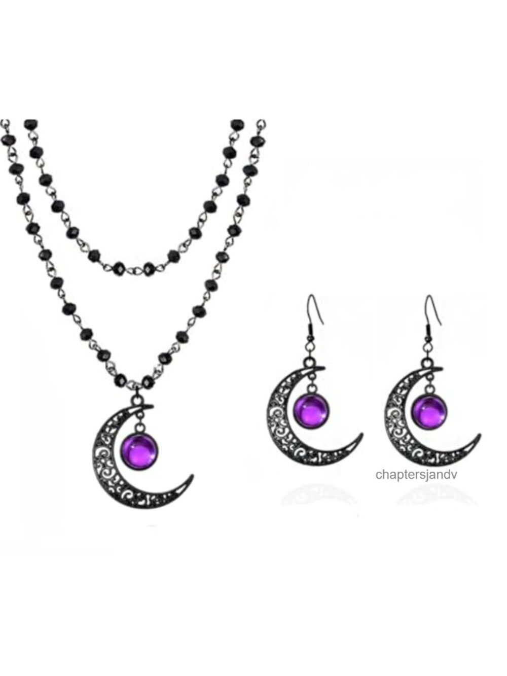 Gothic Layered Moon Necklace Set with Earrings - Rhinestone Crystal Halloween